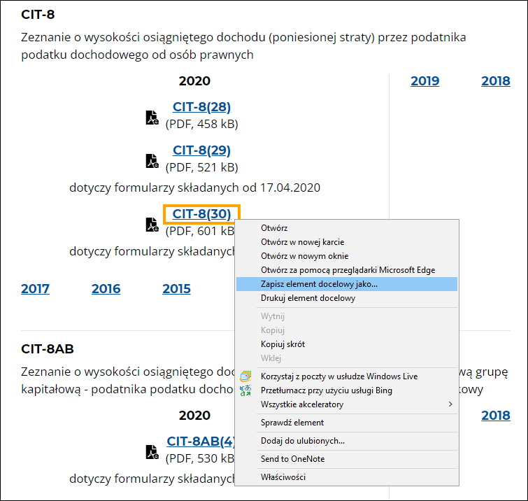 Widok listy formularzy interaktywnych dostępnych na stronie Ministerstwa Finansów – zapisywanie formularza deklaracji opcją Zapisz element docelowy jako.