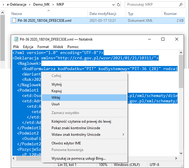 Wklejanie do e-deklaracji uruchomionej w notatniku, zmodyfikowanej zawartości w formacie XML.