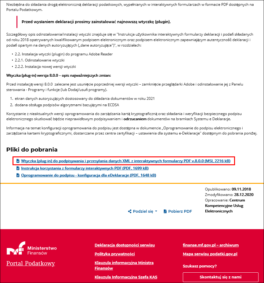 Strona internetowa Ministerstwa Finansów – wskazany link do pobrania / uruchomienia instalatora Wtyczka e-Deklaracje.