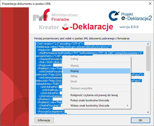 Formularz CIT-8 – widok kopiowania danych e-deklaracji w formacie XML.