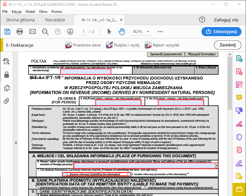 Formularz IFT-1R – uzupełnianie deklaracji o niezbędne dane.