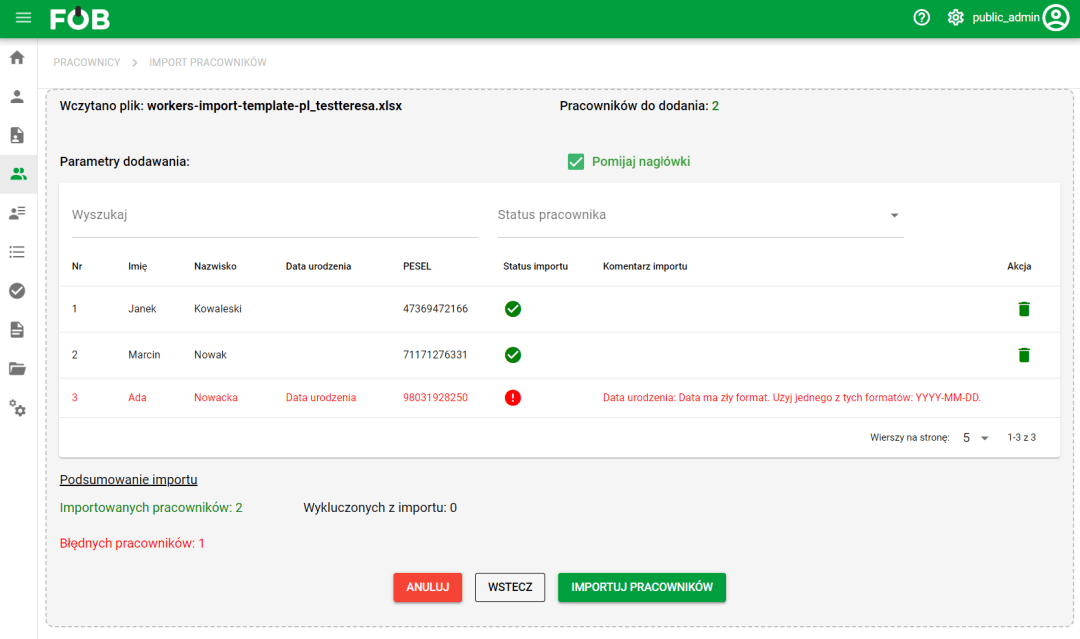 Okno z wynikami przetwarzania pliku