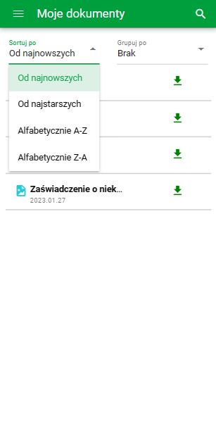 Moje dokumenty – widok mobilny, sortowanie Moje dokumenty – widok mobilny, sortowanie