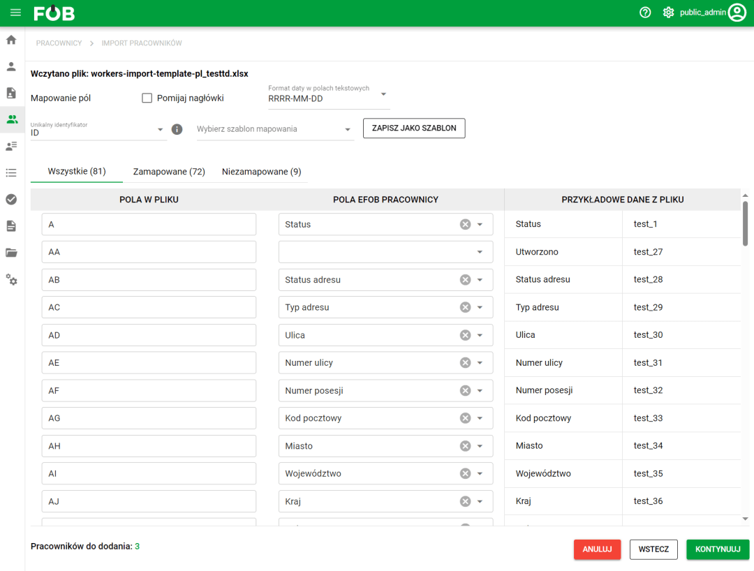 Okno mapowania kolumn