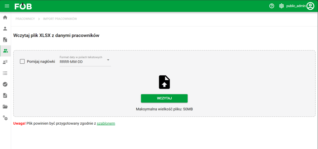 Okno dodawania pliku xlsx