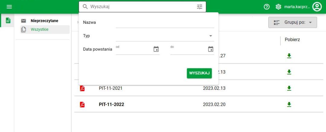 Moje dokumenty – widok desktop, filtrowanie Moje dokumenty – widok desktop, filtrowanie