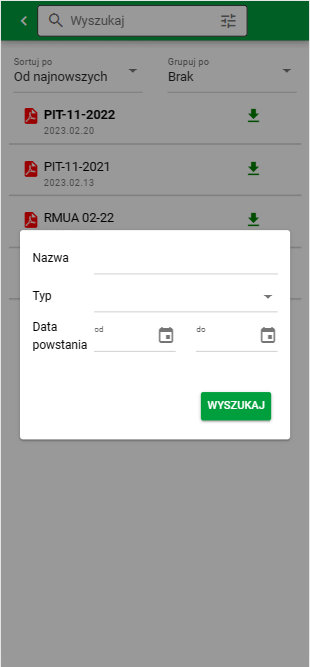 Moje dokumenty – widok mobilny, filtrowanie Moje dokumenty – widok mobilny, filtrowanie