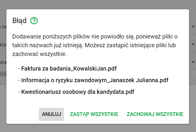 Komunikat o błędnych nazwach pliku