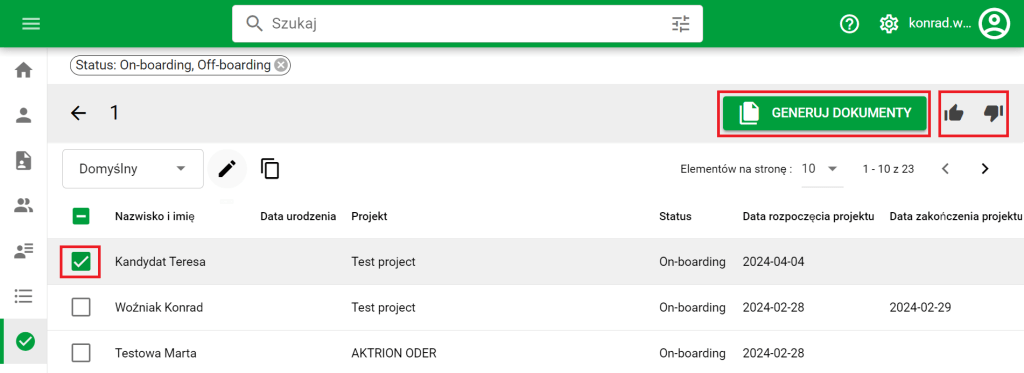 Akcje po zaznaczeniu rekordów
