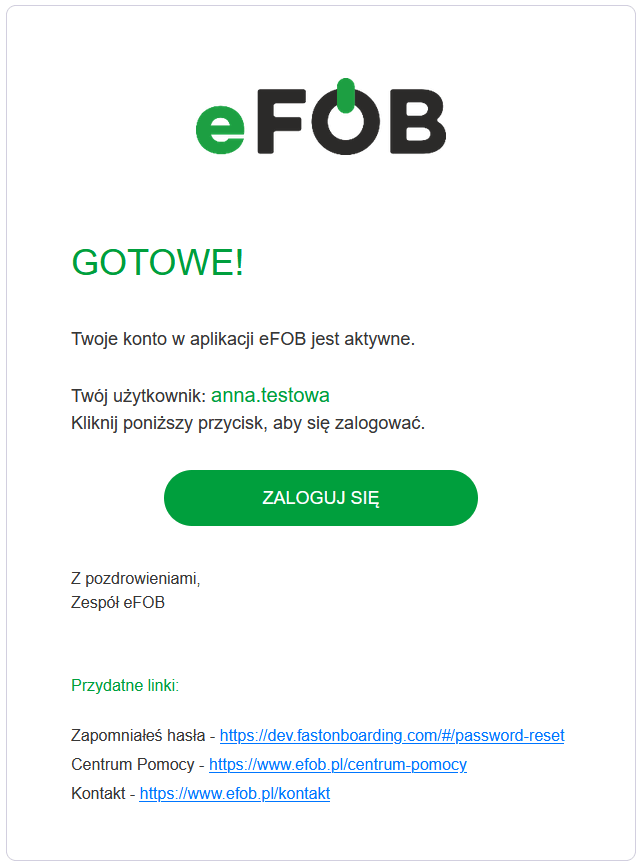 Wiadomość e-mail z potwierdzeniem aktywacji konta