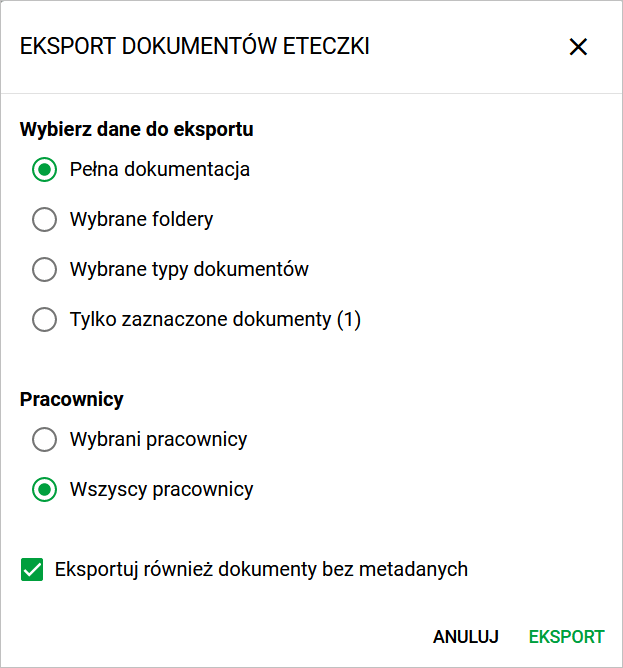 Okno eksportu dokumentów Okno eksportu dokumentów