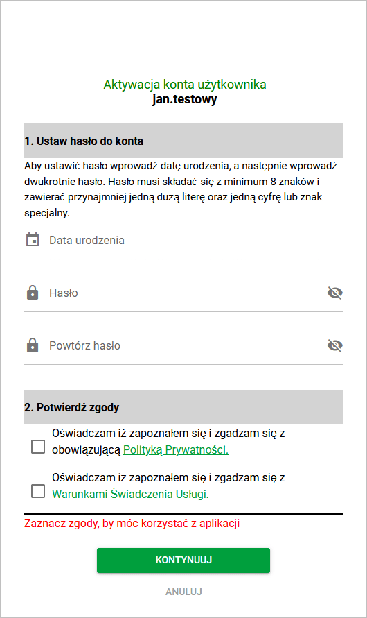 Okno aktywacji konta