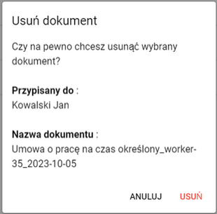Okno usuwania dokumentu