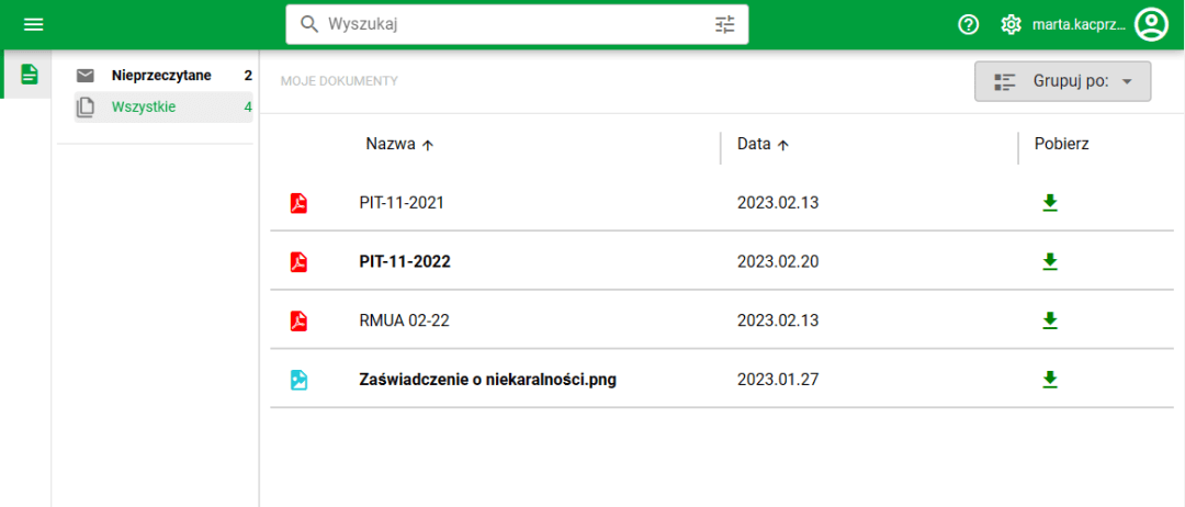 Moje dokumenty – widok desktop Moje dokumenty – widok desktop