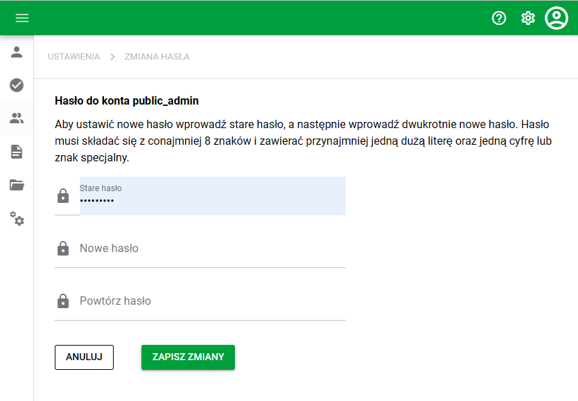 Ekran zmiany hasła Ekran zmiany hasła