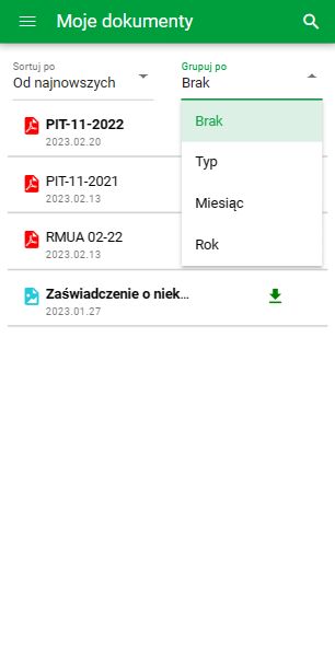 Moje dokumenty – widok mobilny, grupowanie Moje dokumenty – widok mobilny, grupowanie