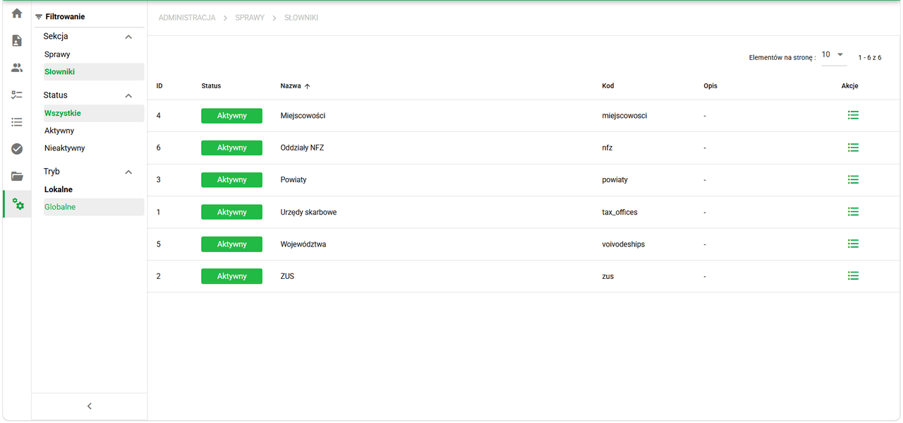 Lista gotowych słowników globalnych w module Administracja