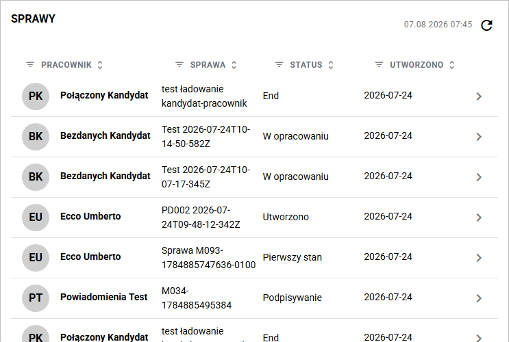 Widżet spraw z nagłówkami kolumn, sortowaniem i filtrowaniem