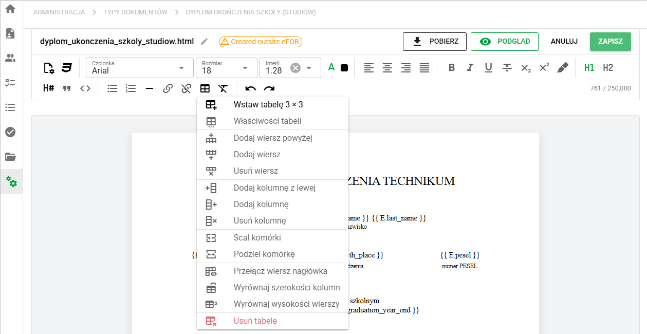 Rozbudowany edytor wzorców HTML z ustawieniami strony