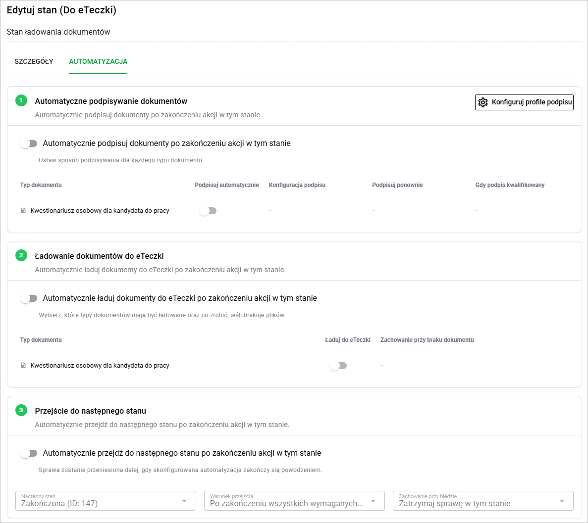 Konfiguracja automatyzacji w stanie Ładowanie dokumentów