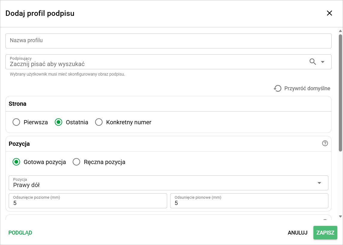 Ustawienia automatycznego podpisywania dokumentów faksymile