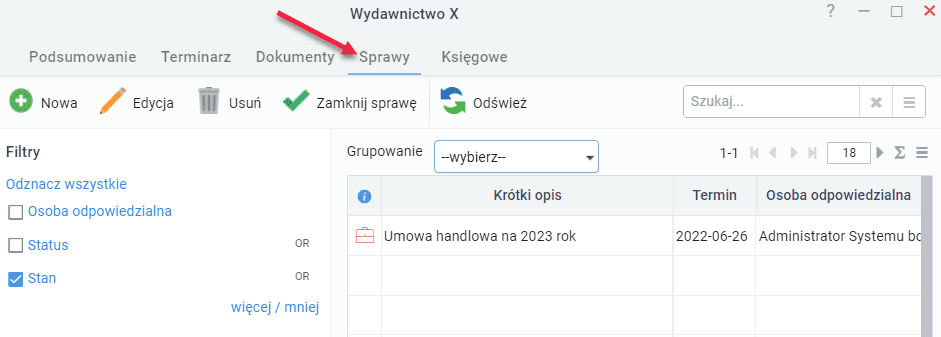 Widok karty klienta, zakładka Sprawy